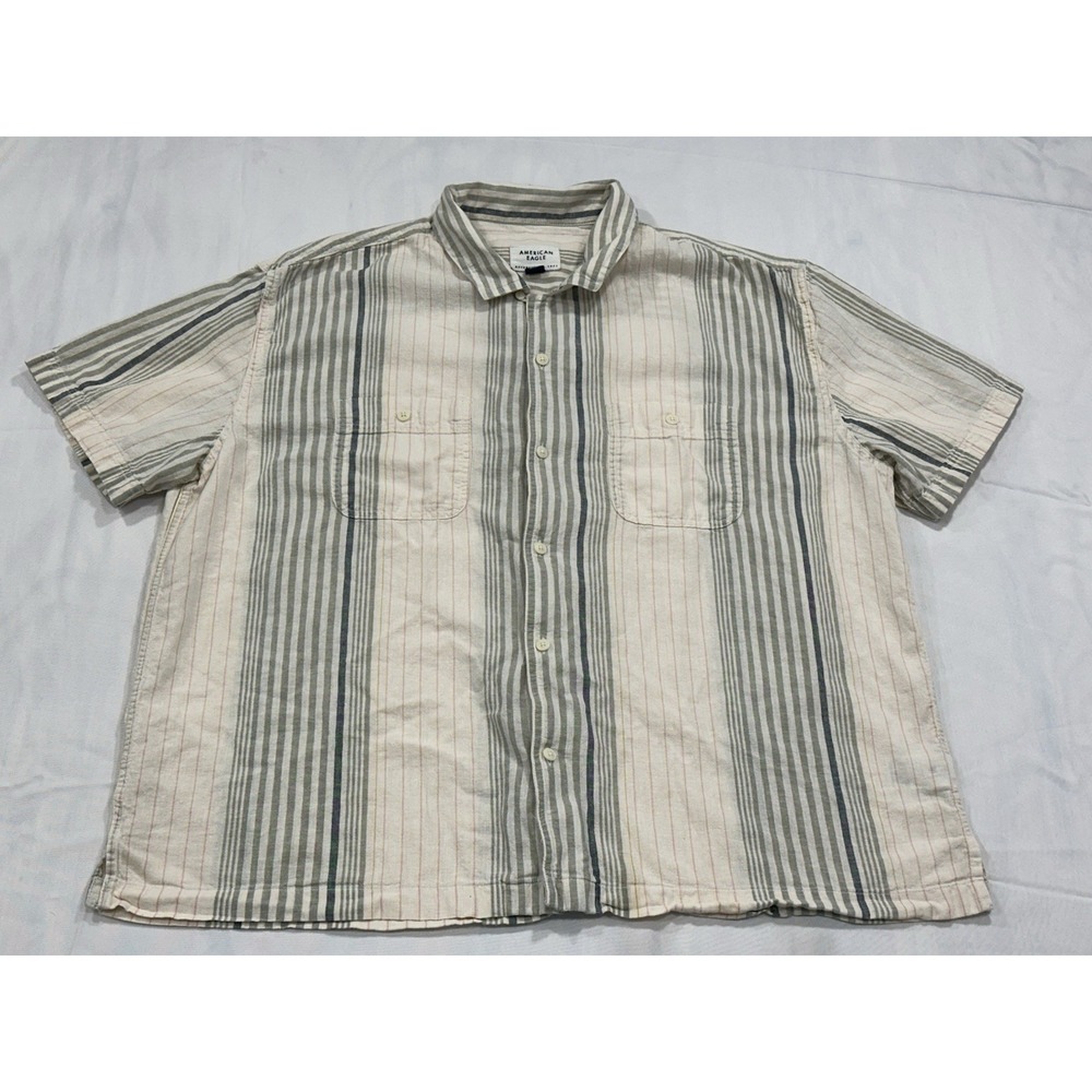 American Eagle Mens Linen Cotton Blend XL Striped Short Sleeve Button Camp Shirt - Picture 1 of 8